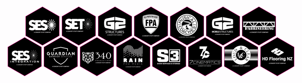 New Hive Logos of various companies under A Concert Stuff Company, displayed in hexagons with pink outlines.