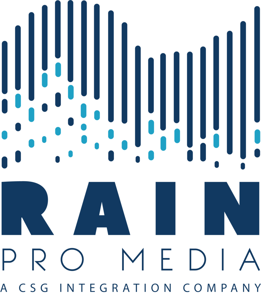 CSG branded logo of Rain Pro Media company in Light and Dark Blue