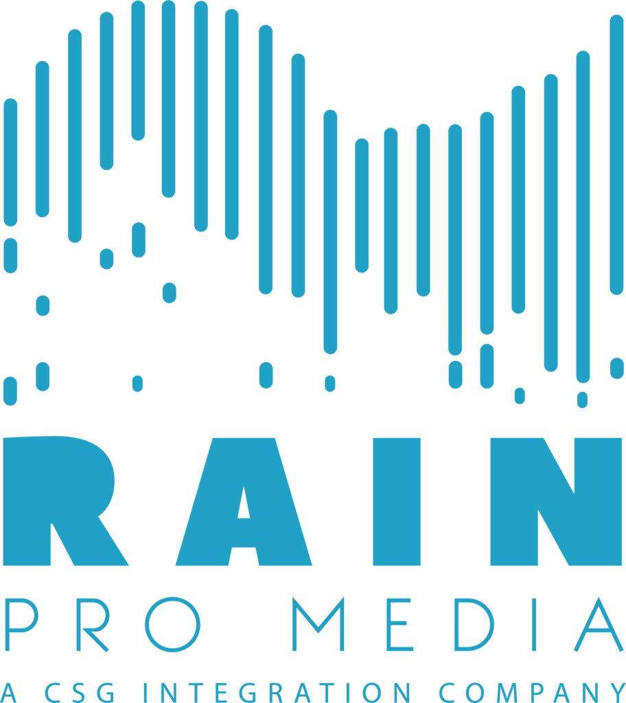CSG branded logo of Rain Pro Media company in Light Blue and White